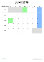 Kalender Juni 2079 im Hochformat
