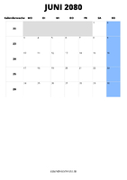 Kalender Juni 2080 im Hochformat