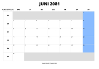 Kalender Juni 2081 im Querformat