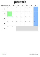 Kalender Juni 2082 im Hochformat