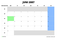 Kalender Juni 2087 im Querformat