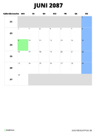 Kalender Juni 2087 im Hochformat
