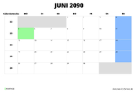 Kalender Juni 2090 im Querformat