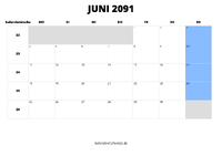Kalender Juni 2091 im Querformat