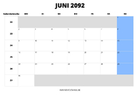 Kalender Juni 2092 im Querformat