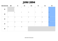 Kalender Juni 2094 im Querformat