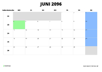 Kalender Juni 2096 im Querformat