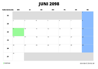 Kalender Juni 2098 im Querformat