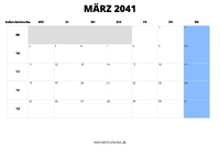 Kalender März 2041 im Querformat