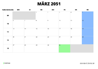 Kalender März 2051 im Querformat