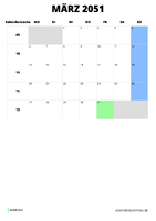 Kalender März 2051 im Hochformat