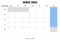 Kalender März 2063 im Querformat
