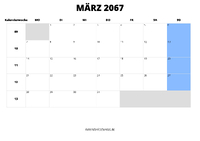 Kalender März 2067 im Querformat