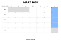 Kalender März 2068 im Querformat