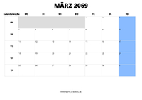 Kalender März 2069 im Querformat