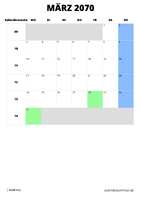 Kalender März 2070 im Hochformat