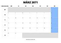 Kalender März 2071 im Querformat