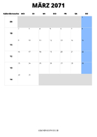 Kalender März 2071 im Hochformat