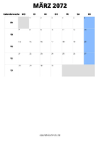 Kalender März 2072 im Hochformat