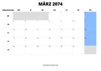 Kalender März 2074 im Querformat