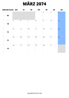 Kalender März 2074 im Hochformat