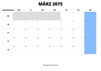 Kalender März 2075 im Querformat