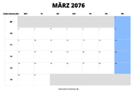 Kalender März 2076 im Querformat