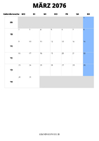 Kalender März 2076 im Hochformat