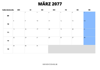 Kalender März 2077 im Querformat