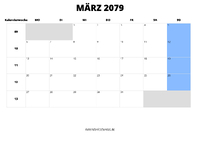 Kalender März 2079 im Querformat