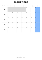 Kalender März 2080 im Hochformat