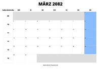 Kalender März 2082 im Querformat