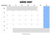 Kalender März 2087 im Querformat