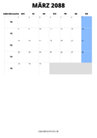 Kalender März 2088 im Hochformat