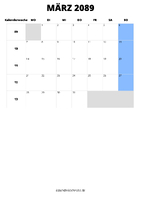 Kalender März 2089 im Hochformat