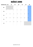 Kalender März 2090 im Hochformat