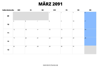 Kalender März 2091 im Querformat