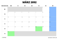 Kalender März 2092 im Querformat