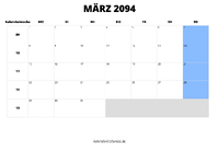 Kalender März 2094 im Querformat
