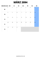 Kalender März 2094 im Hochformat