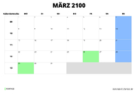 Kalender März 2100 im Querformat
