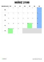 Kalender März 2100 im Hochformat