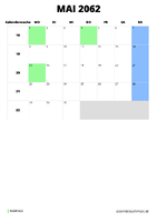 Kalender Mai 2062 im Hochformat