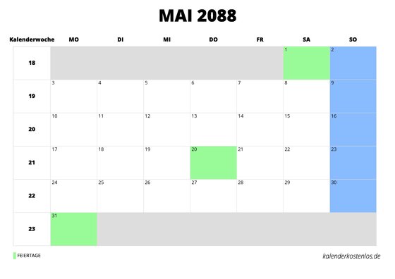 Kalender Mai 2088 im Querformat