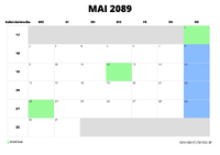 Kalender Mai 2089 im Querformat