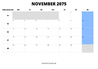 Kalender November 2075 Kalender November 2075 im Querformat