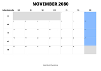 Kalender November 2080 im Querformat