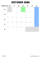Kalender Oktober 2080 im Hochformat