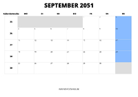 Kalender September 2051 Kalender September 2051 im Querformat