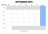 Kalender September 2075 Kalender September 2075 im Querformat